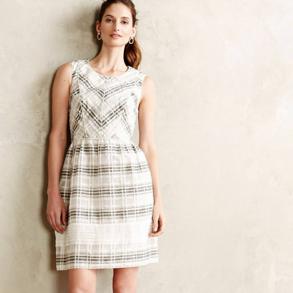 Anthropologie Sona Dress Checked Linen Blend Fit & Flare By Ivy+Blue size 10